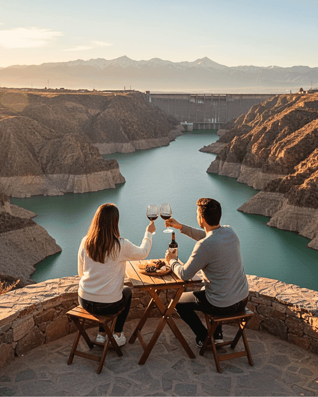 Embalse Los Reyunos con actividad de catamarán