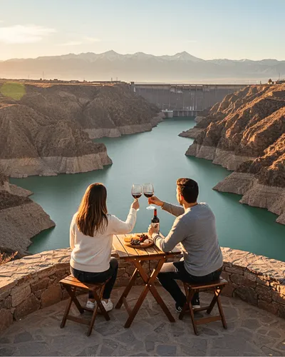 Embalse Los Reyunos con actividad de catamarán